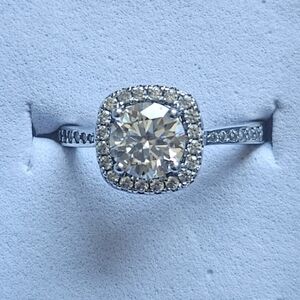 Moissanite Cushion Halo Round Cut Sterling Silver Ring Size 7